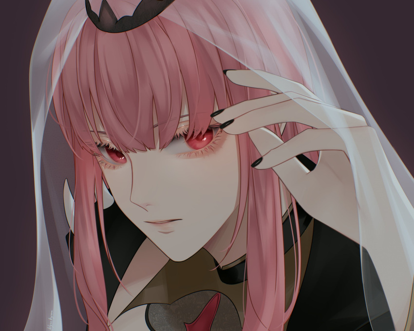 1girl, bangs, black_nails, blunt_bangs, brown_background, close-up, english_commentary, eyebrows_visible_through_hair