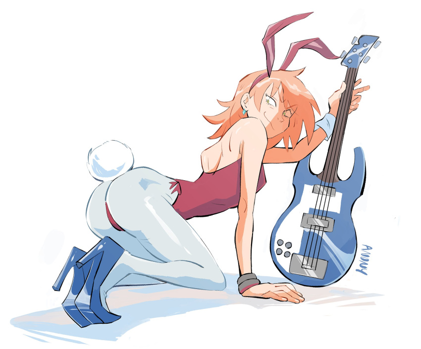 1girl, all_fours, animal_ears, anonymoose, arm_support, ass, blue_footwear, bracelet, bunny_tail, fake_animal_ears, flcl, guitar, haruhara_haruko, high_heels, highres, instrument, jewelry, leotard, pantyhose, pink_hair, playboy_bunny, rabbit_ears, short_hair, simple_background, smile, solo, tail, white_legwear