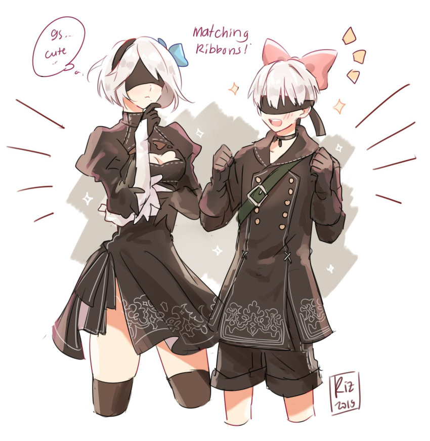 !, 1boy, 1girl, bag, black_blindfold, black_choker, black_dress, black_gloves