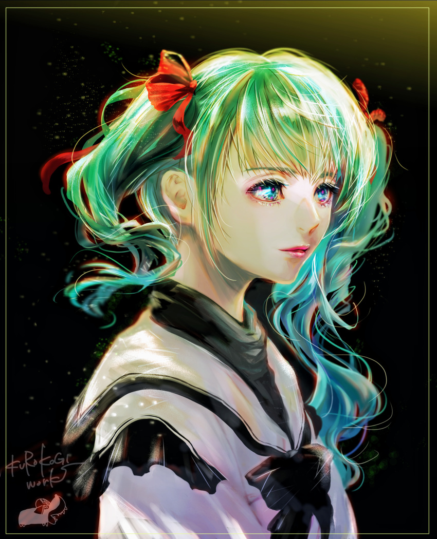 1girl, absurdres, aqua_hair, artist_name, bangs, black_background, blue_eyes, char's_counterattack, eyebrows_visible_through_hair, flat_chest, from_side, gundam, gundam_hathaway's_flash, highres, kurokogiworks, looking_ahead, older, quess_paraya, sailor_collar, solo, twintails, uneven_twintails, upper_body