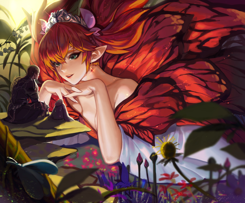 1boy, 1other, absurdres, butterfly_wings, dark_knight_(final_fantasy), dress, earrings, fairy