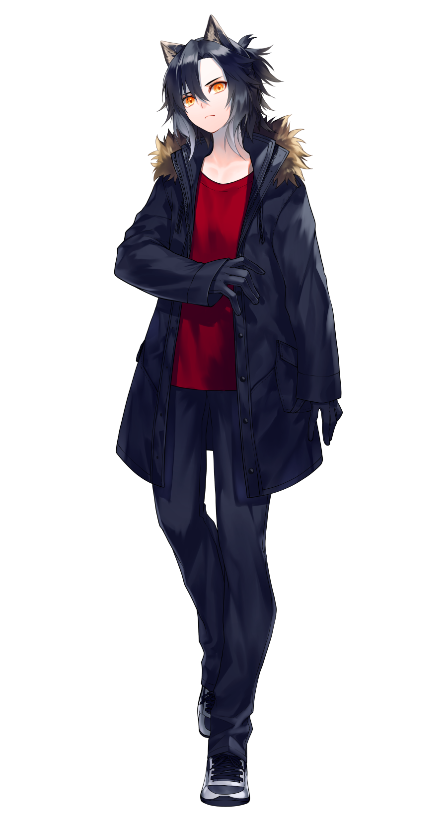 1boy, animal_ears, arm_at_side, bangs, black_footwear, black_gloves, black_hair, black_jacket