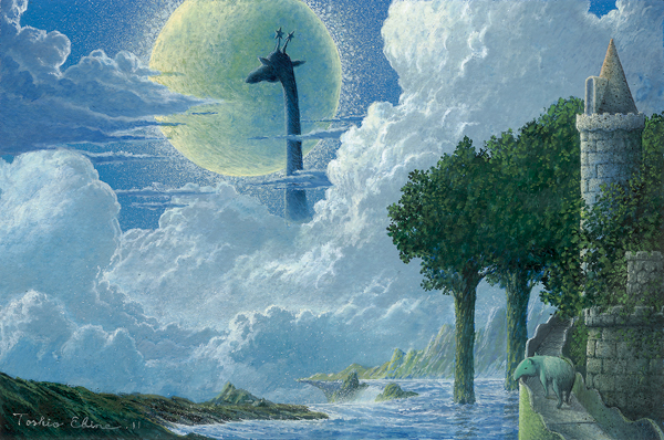 blue_sky, castle, clouds, cloudy_sky, commentary_request, ebine_toshio, fantasy, full_moon