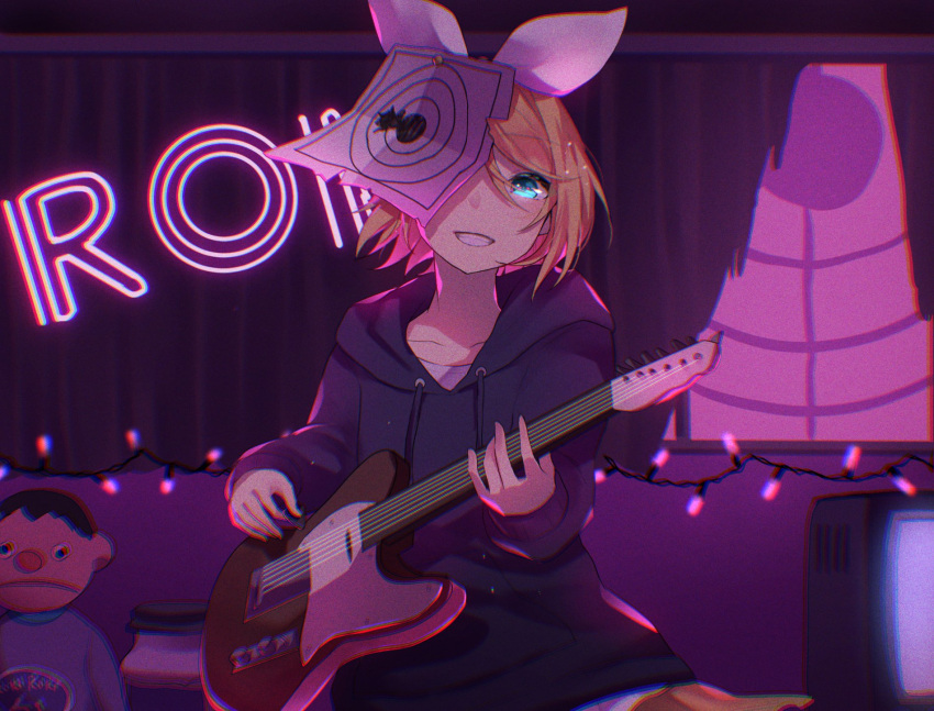 1girl, aryuma772, blonde_hair, blue_eyes, blue_hoodie, bow, christmas_lights, curtains, doll, grin, guitar, hair_bow, highres, holding, holding_instrument, hood, hoodie, indoors, instrument, kagamine_rin, looking_at_viewer, music, neon_lights, one_eye_covered, paper_on_head, playing_instrument, roki_(vocaloid), short_hair, smile, target, television, upper_body, vocaloid, white_bow