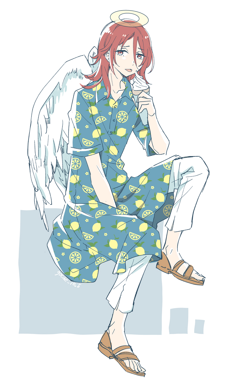 1boy, 59_(seventhstar), angel, angel_devil_(chainsaw_man), angel_wings, chainsaw_man, feathered_wings, food