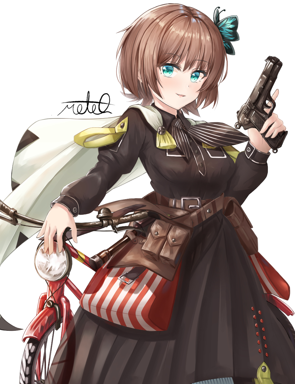1girl, artist_name, belt, bicycle, blue_eyes, brown_hair, browning_hi-power, bug