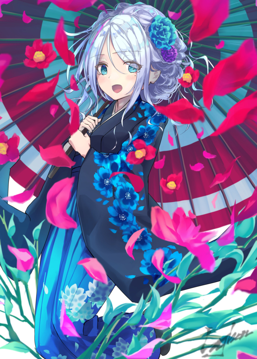 1girl, alternate_costume, alternate_hairstyle, black_kimono, blue_flower, blue_umbrella, floral_print, flower, hair_flower, hair_ornament, highres, holding, holding_umbrella, japanese_clothes, kantai_collection, kimono, lajhen2651, mole, mole_under_eye, multicolored_umbrella, oriental_umbrella, print_kimono, purple_flower, red_umbrella, silver_hair, solo, umbrella, umikaze_(kantai_collection), wide_sleeves