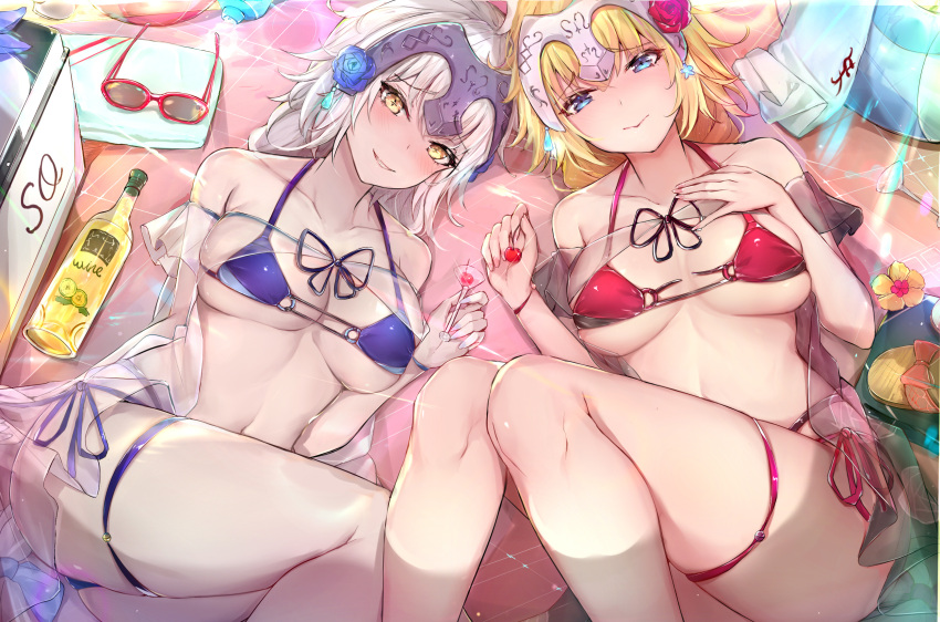 2girls, alcohol, bangs, bare_shoulders, beach_towel, bikini, blonde_hair, blue_bikini, blue_eyes, blue_flower, blue_rose, blush, bottle, braid, breasts, breasts_apart, cherry, closed_mouth, collarbone, cup, day, drinking_glass, eyebrows_visible_through_hair, fate/apocrypha, fate/grand_order, fate_(series), feet_out_of_frame, fingernails, flower, food, fruit, hair_between_eyes, hair_flower, hair_ornament, hand_on_own_chest, headpiece, highres, innertube, jeanne_d'arc_(alter)_(fate), jeanne_d'arc_(fate), jeanne_d'arc_(fate)_(all), long_braid, long_hair, looking_at_viewer, lying, medium_breasts, multi-strapped_bikini, multiple_girls, nail_polish, open_mouth, outdoors, pale_skin, pink_nails, purple_nails, red_bikini, red_flower, red_rose, revision, rose, sandals, sherryqq, side-tie_bikini, sidelocks, single_braid, smile, strap_gap, sunglasses, swimsuit, thigh_gap, towel, wine, wine_bottle, wine_glass, yellow_eyes