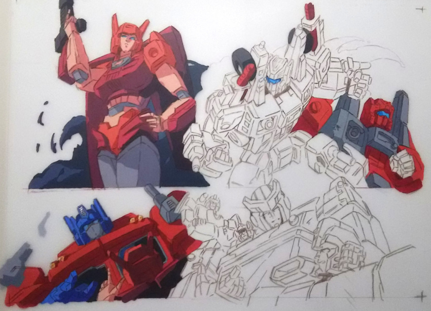 1980s_(style), battle, blue_eyes, breasts, cog_(transformers), elita_one, explosion, gun