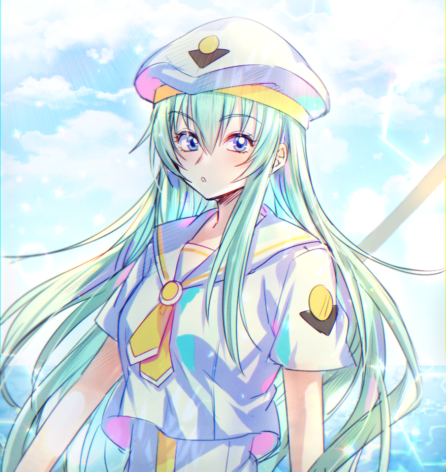 1girl, alice_carroll, aria, bangs, beret, blue_eyes, blush, dress, green_hair, hair_between_eyes, hat, here_(hr_rz_ggg), long_hair, orange_planet_uniform, sailor_collar, short_sleeves, solo, white_dress