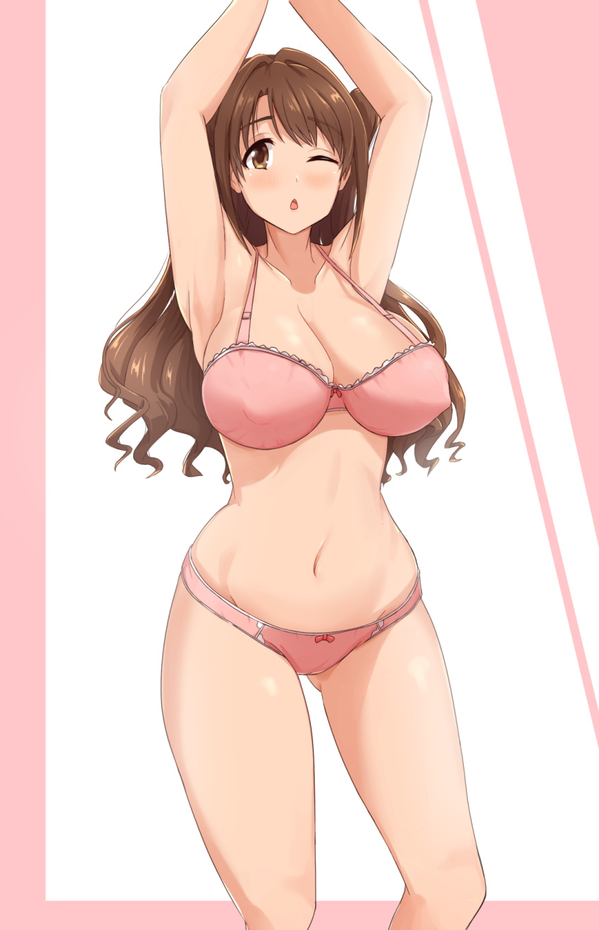 1girl, ;o, armpits, arms_up, bra, breasts, brown_eyes, brown_hair