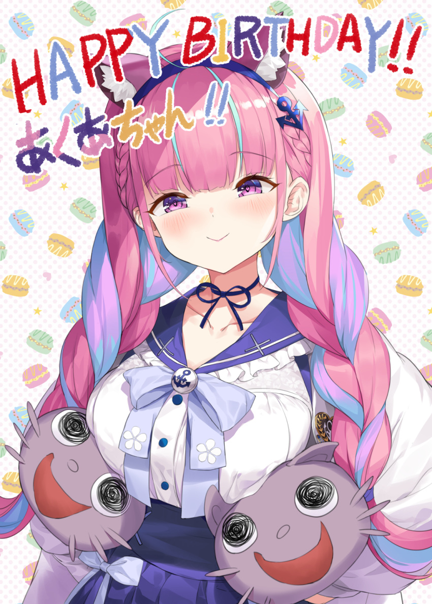 1girl, animal_ears, blue_ribbon, blue_skirt, breasts, cat, cat_ears, closed_mouth
