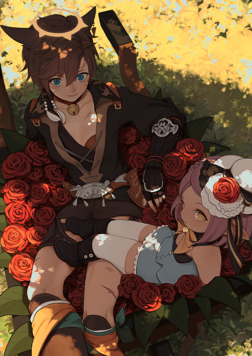 2girls, absurdres, animal_ears, beads, bell, bell_choker, black_footwear, black_gloves