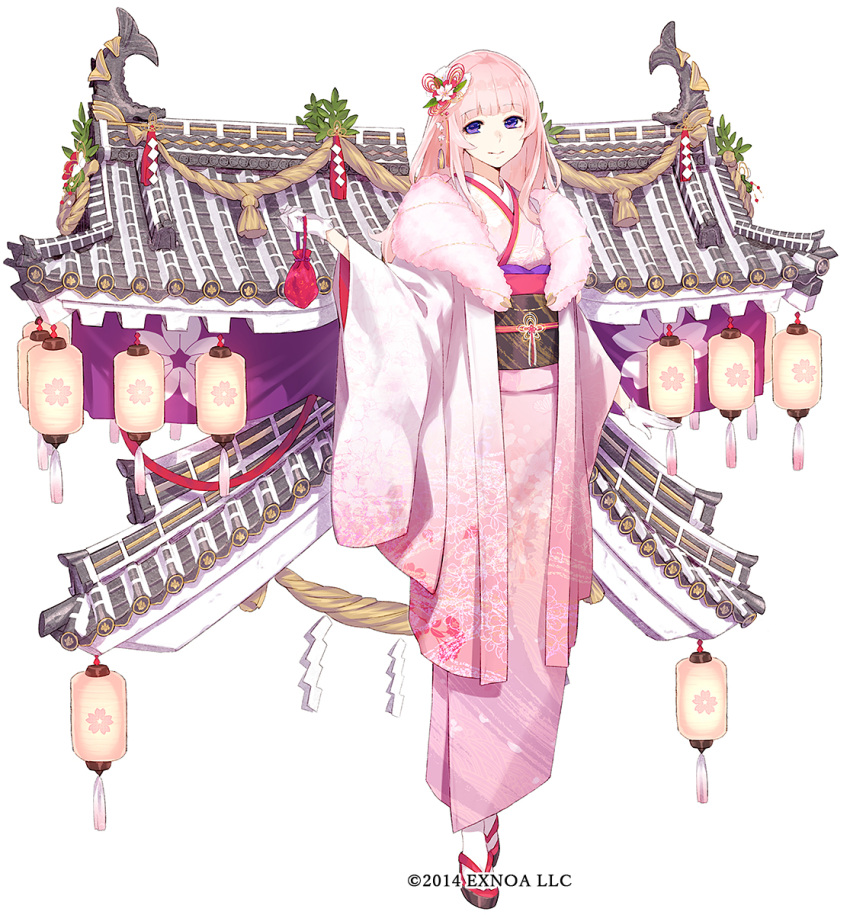 1girl, bag, bangs, blush, brown_footwear, closed_mouth, commentary_request, eyebrows_visible_through_hair, floral_print, full_body, fur_collar, fuyuno_yuuki, gloves, highres, himeji_(oshiro_project), holding, holding_bag, japanese_clothes, kimono, lantern, long_hair, long_sleeves, obi, official_art, oshiro_project_re, paper_lantern, pink_hair, pink_kimono, pouch, print_kimono, revision, sash, simple_background, smile, solo, standing, violet_eyes, watermark, white_background, white_gloves, white_legwear, wide_sleeves, zouri