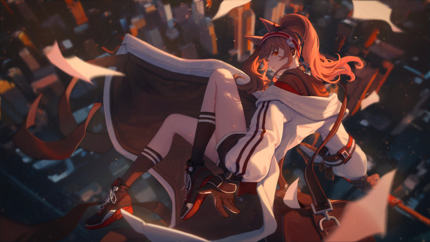 1girl, absurdres, angelina_(arknights), animal_ears, arknights, bag, bangs, black_footwear