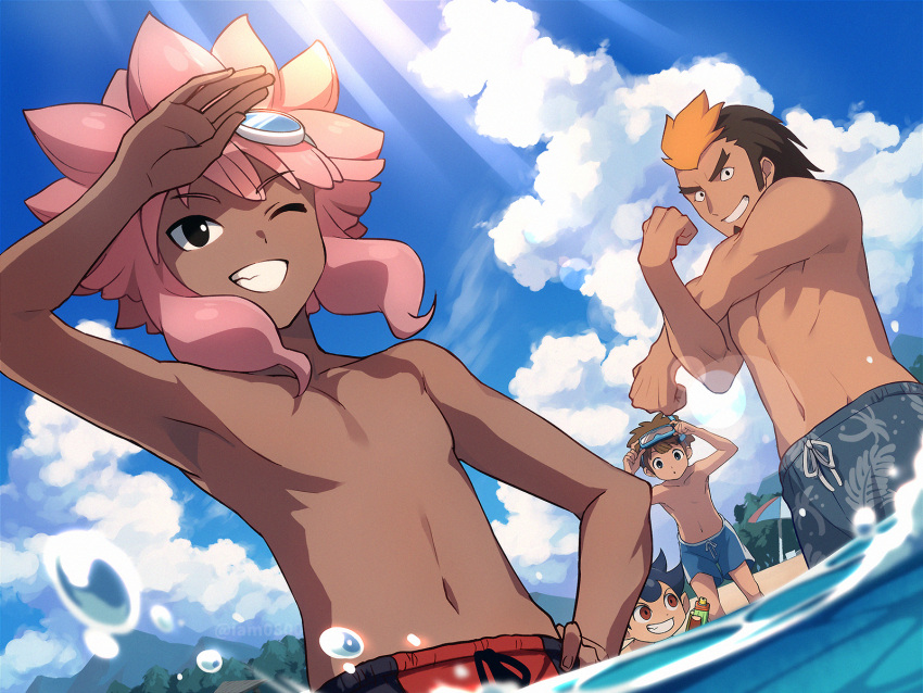 4boys, arm_up, armpits, bangs, bare_pecs, black_eyes, blue_hair, blue_sky