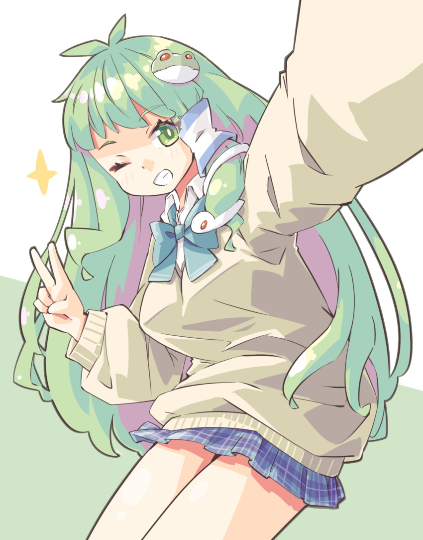 1girl, ahoge, aqua_neckwear, arnest, bangs, blue_skirt, blush, bow