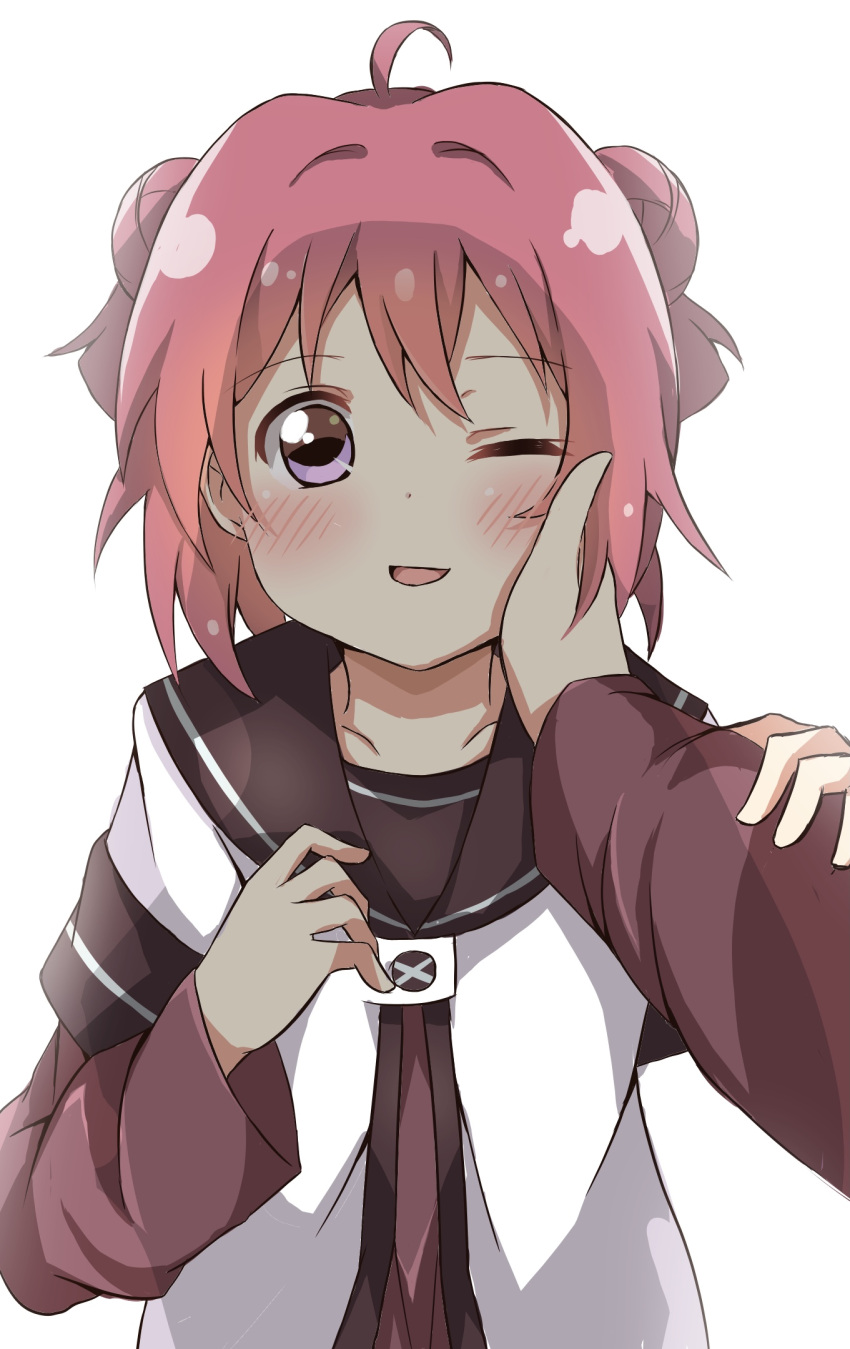2girls, ahoge, akaza_akari, blush, double_bun, hand_on_another's_arm, hand_on_another's_face, hand_up
