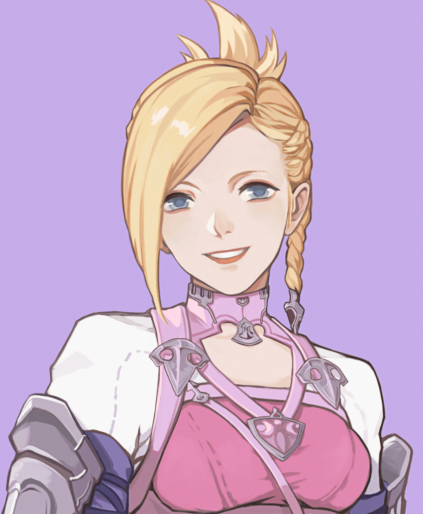 1girl, absurdres, armor, asymmetrical_hair, blonde_hair, blue_eyes, braid, breasts