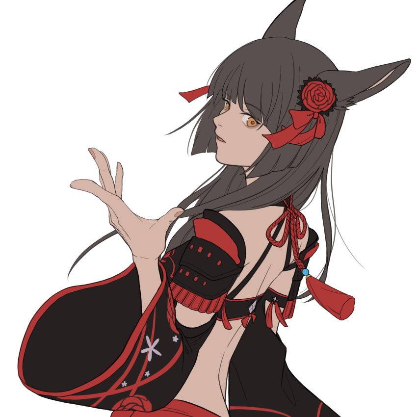 1girl, animal_ears, armor, bangs, black_hair, cat_ears, detached_sleeves, eyebrows_visible_through_hair