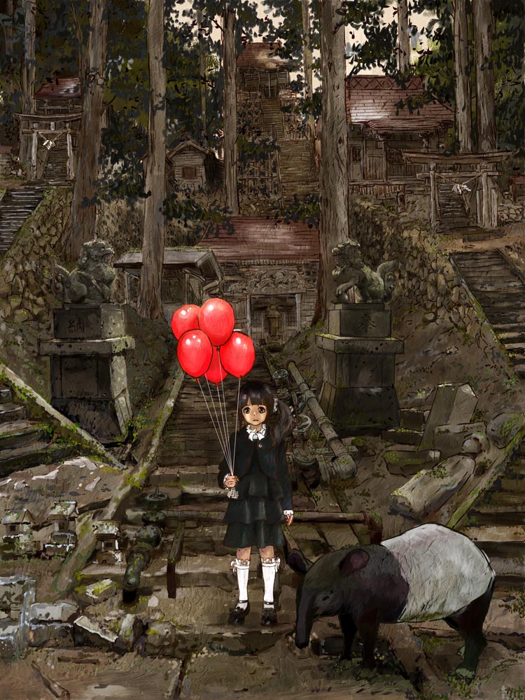 1girl, architecture, balloon, bangs, black_dress, black_eyes, black_footwear, black_hair