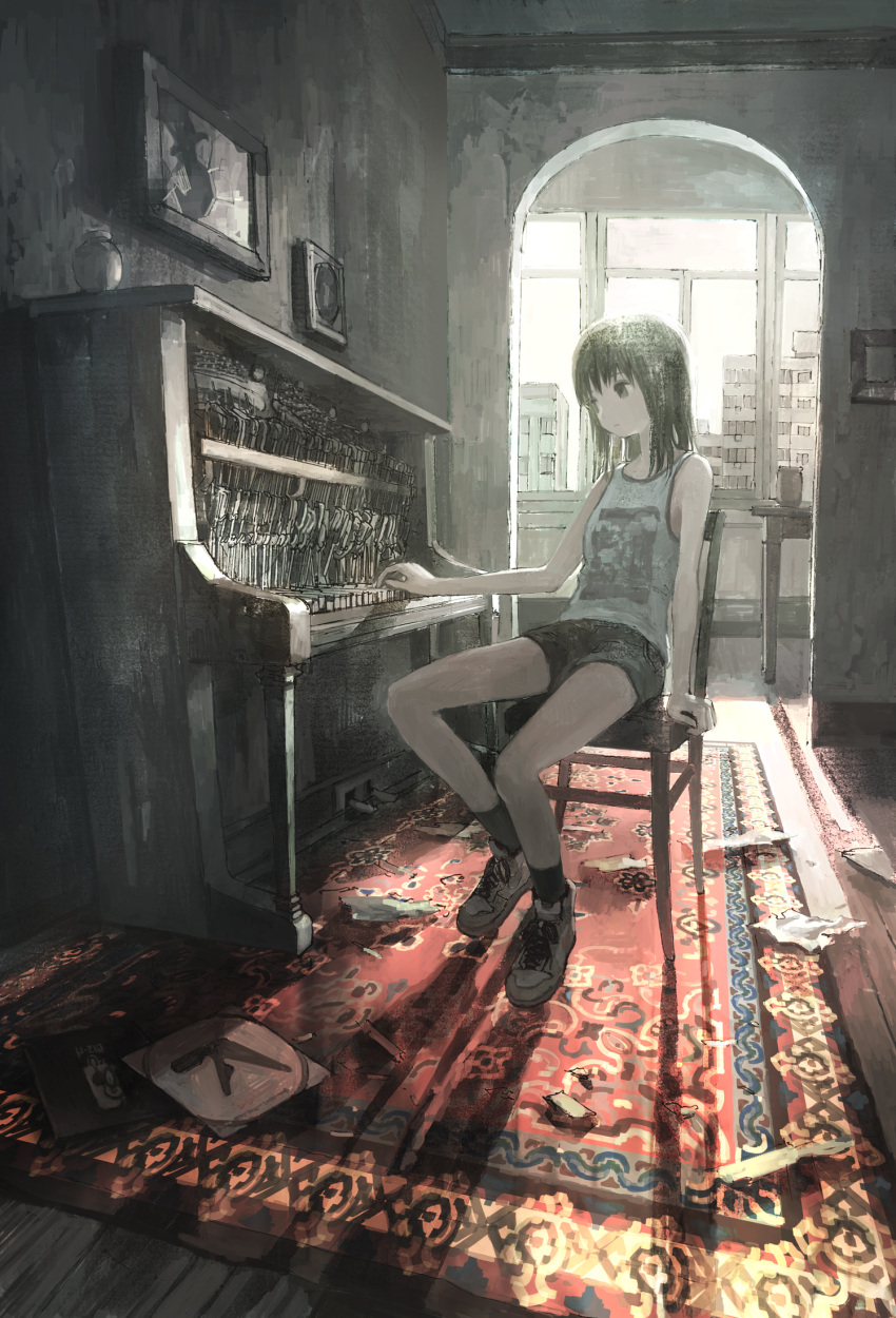 1girl, aphex_twin, black_shorts, broken, brown_eyes, brown_hair, chair, expressionless