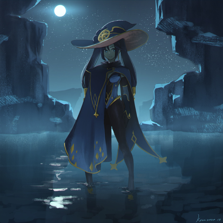 1girl, absurdres, black_legwear, blue_eyes, blue_hair, cape, full_body, full_moon, genshin_impact, hair_ornament, hat, highres, huge_filesize, kyou_(kyou22032), lake, looking_at_viewer, mona_(genshin_impact), moon, night, night_sky, outdoors, pantyhose, partially_submerged, sky, smile, star_(sky), starry_sky, water, witch_hat