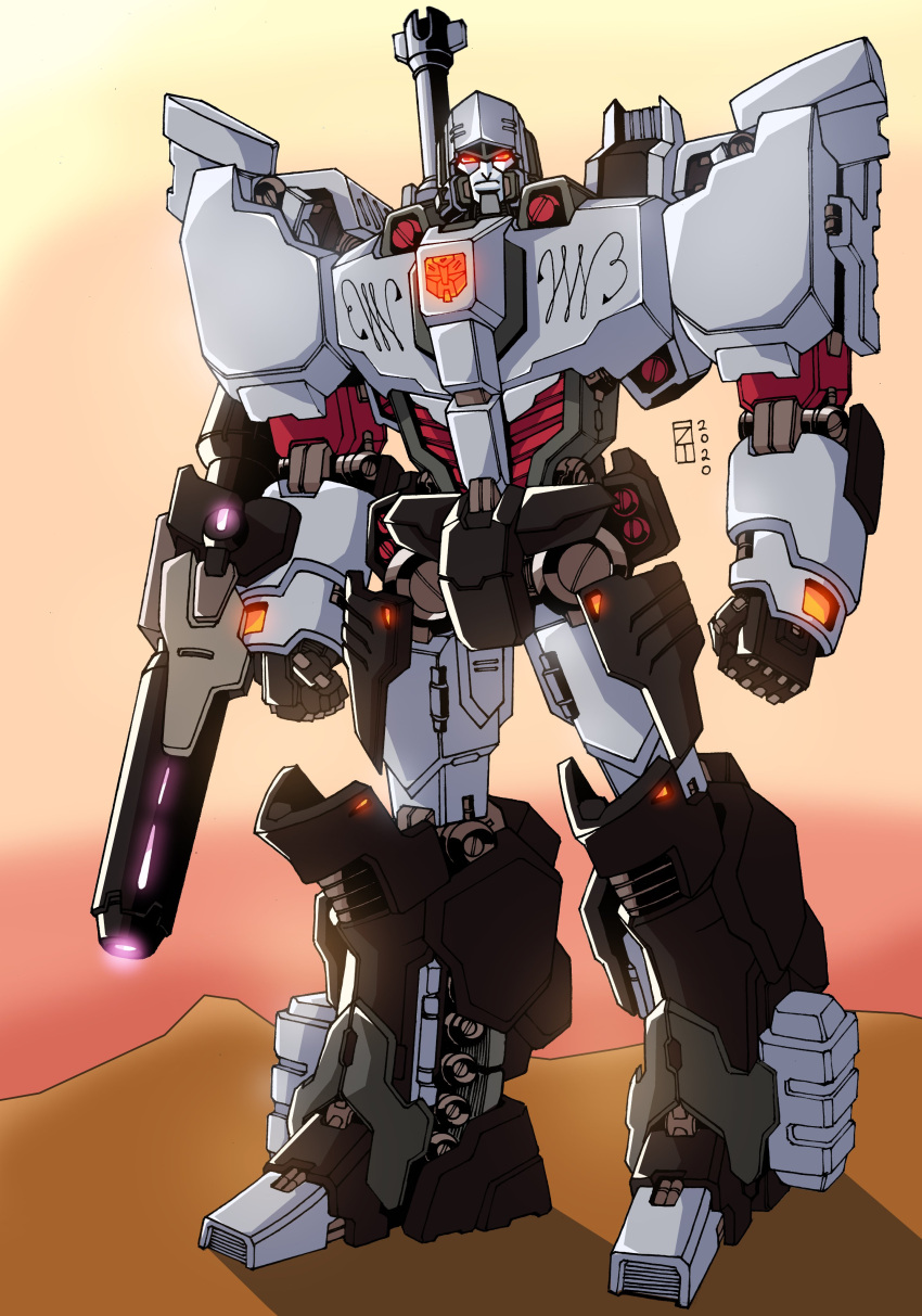 absurdres, arm_cannon, autobot, clenched_hands, english_commentary, glowing, glowing_eyes, highres