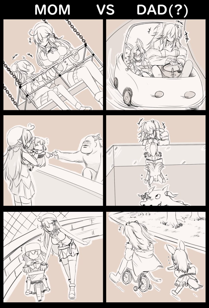 /\/\/\, 4girls, ahoge, amane_kanata, animal_ears, bell, beret, bicycle, boots, child, commentary, corset, dress, driving, ear_piercing, english_text, faceless, faceless_female, fox_ears, fox_tail, full_body, fur-trimmed_jacket, fur_trim, gloom_(expression), go_kart, gorilla, ground_vehicle, halo, hat, heart_ahoge, highres, holding_person, hololive, jacket, jewelry, kiryuu_coco, kiryuu_coco_(dragon), lion_ears, long_hair, meatloaf, miniskirt, momosuzu_nene, monochrome, motion_lines, multiple_girls, multiple_views, necklace, off_shoulder, omaru_polka, panels, photo-referenced, piercing, pointy_ears, purple_background, riding_bicycle, running, shirt, shishiro_botan, shoes, simple_background, skirt, sweatdrop, swing_set, tail, thigh-highs, upside-down, virtual_youtuber, walking, younger, yukihana_lamy, zettai_ryouiki