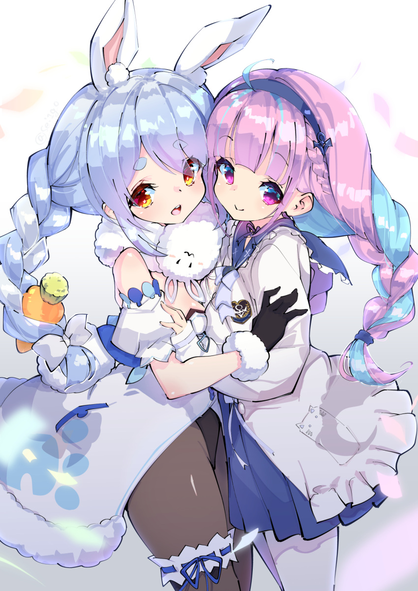 2girls, :d, ahoge, anchor_hair_ornament, animal_ear_fluff, animal_ears, bangs, black_gloves