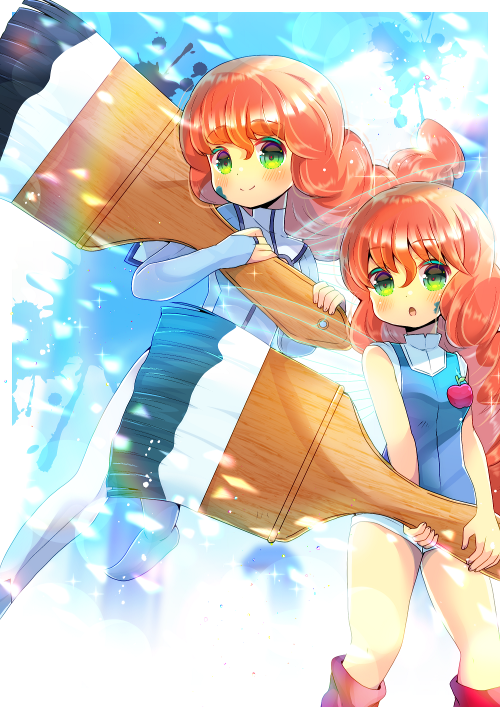2girls, :o, bangs, bare_arms, bare_shoulders, blue_jacket, blue_leotard, blush