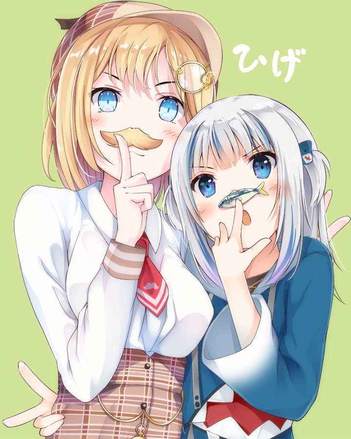 2girls, :o, blonde_hair, blue_eyes, blue_hair, breasts, collared_shirt, eyebrows_behind_hair