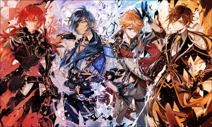 4boys, antenna_hair, ayano_(katou), bangs, belt, black_gloves, black_hair, black_jacket