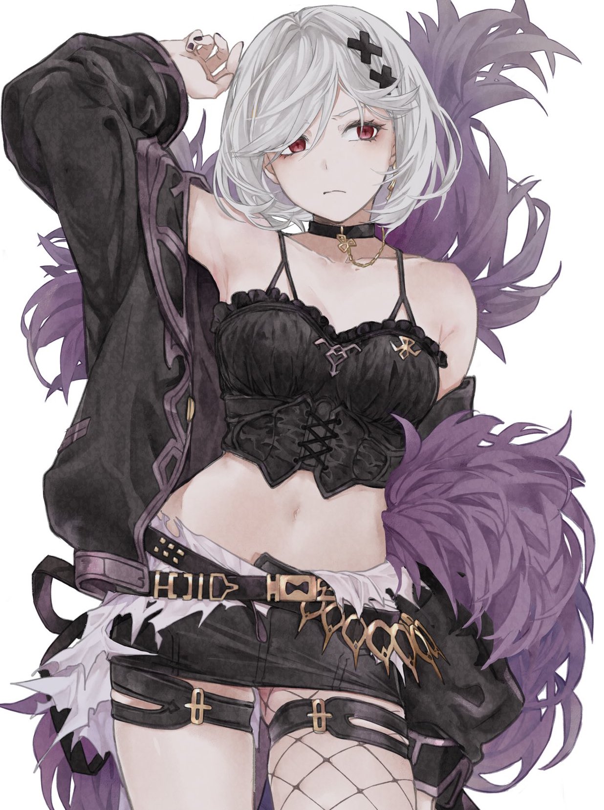 1girl, alter_ego_malevolent_(granblue_fantasy), arm_at_side, arm_up, artist_request, bare_shoulders, belt, black_jacket, camisole, choker, collarbone, cowboy_shot, djeeta_(granblue_fantasy), feather_boa, fishnets, granblue_fantasy, hair_ornament, highres, jacket, looking_to_the_side, midriff, nail_polish, navel, off_shoulder, red_eyes, short_hair, shorts, silver_hair, solo, spaghetti_strap, standing, thigh_strap, white_background, x_hair_ornament