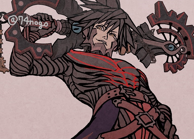 1boy, 74nogo, belt, black_gloves, black_hair, evil_smile, gloves, grin