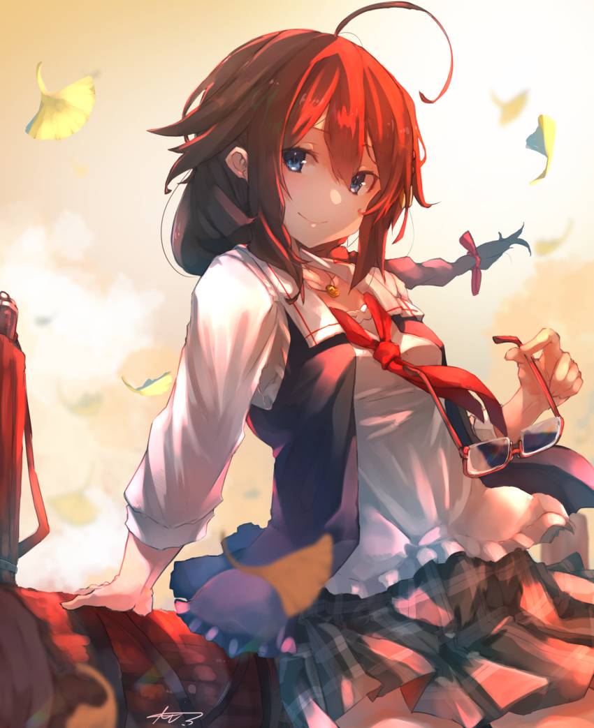 1girl, ahoge, autumn_leaves, black_vest, blouse, blue_eyes, braid, brown_hair