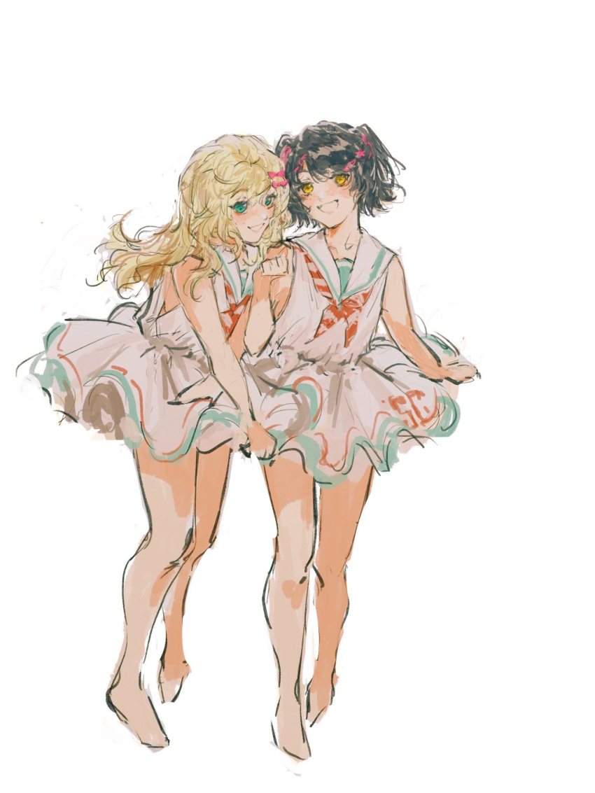 2girls, barefoot, black_hair, blonde_hair, braid, dress, grecale_(kantai_collection), green_eyes