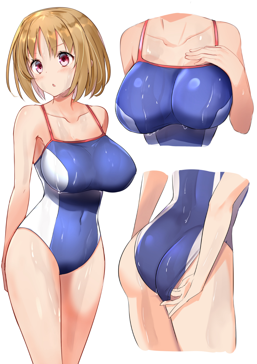 1girl, ass, blue_swimsuit, blush, breasts, brown_hair, collarbone, commentary_request