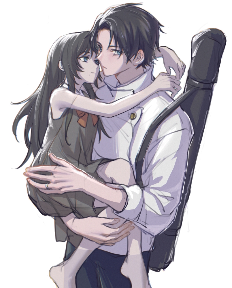 1boy, 1girl, arms_around_neck, bangs, barefoot, black_dress, black_hair, black_pants, blue_eyes, closed_mouth, couple, cowboy_shot, dress, full_body, gugulayle, hetero, high_collar, holding_another, jacket, jujutsu_kaisen, long_hair, looking_at_another, looking_at_viewer, mole, mole_under_mouth, neck_ribbon, okkotsu_yuuta, orimoto_rika, pants, red_ribbon, ribbon, school_uniform, short_hair, simple_background, sketch, sleeveless, sleeves_rolled_up, standing, transparent, weapon_bag, white_background, white_jacket