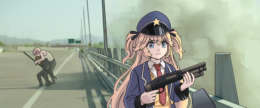 3girls, bangs, black_ribbon, blonde_hair, blue_eyes, blue_headwear, blue_jacket, commentary