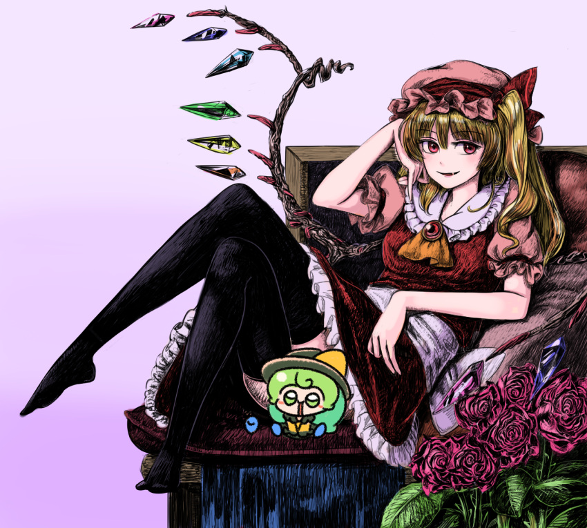 ascot, black_legwear, blonde_hair, bow, brooch, censored, chibi, crossed_legs