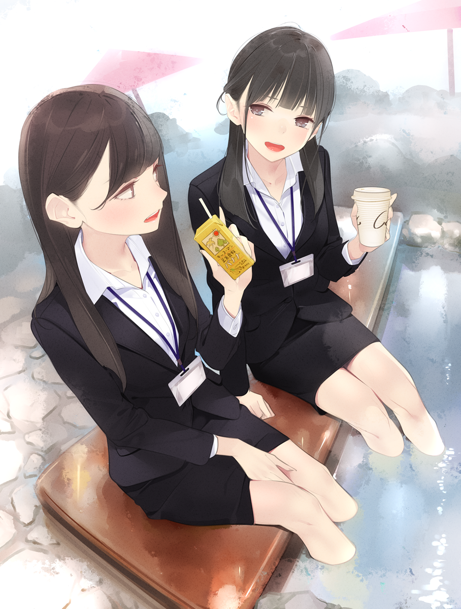 2girls, :d, ama_mitsuki, ashiyu, bangs, black_hair, breasts, brown_eyes