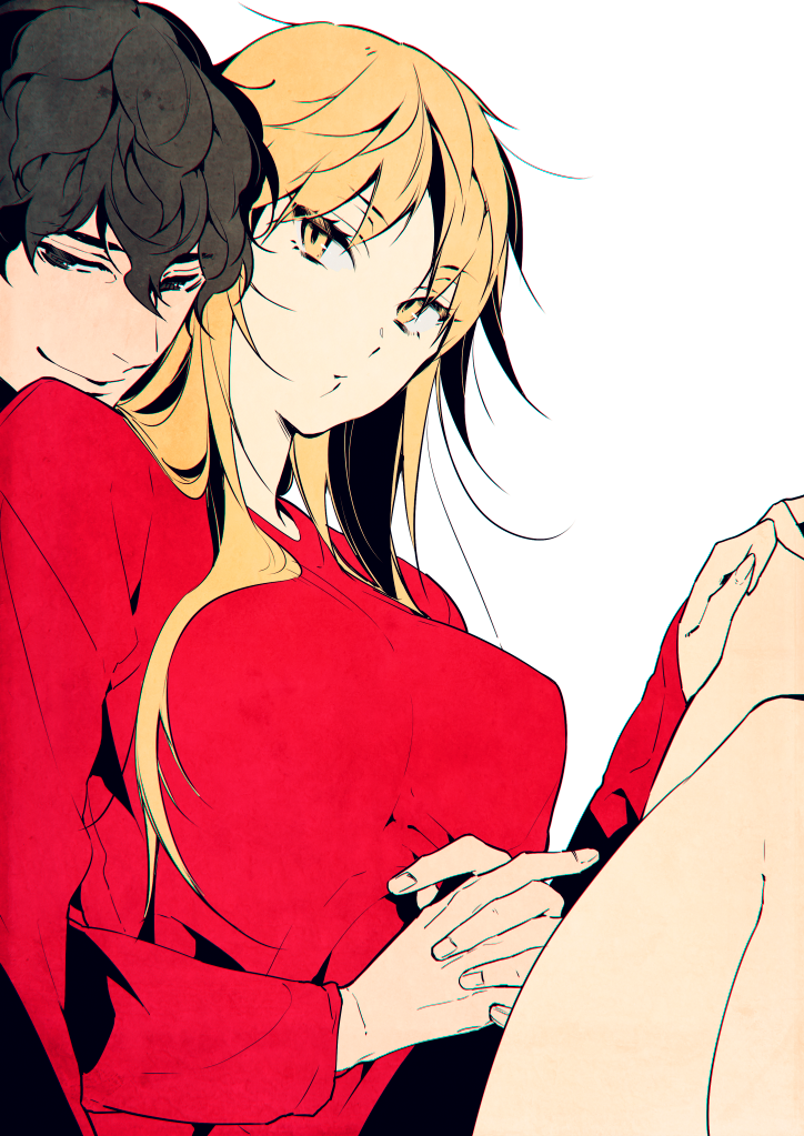 1boy, 1girl, alpha_signature, bangs, black_eyes, blonde_hair, breasts, closed_mouth