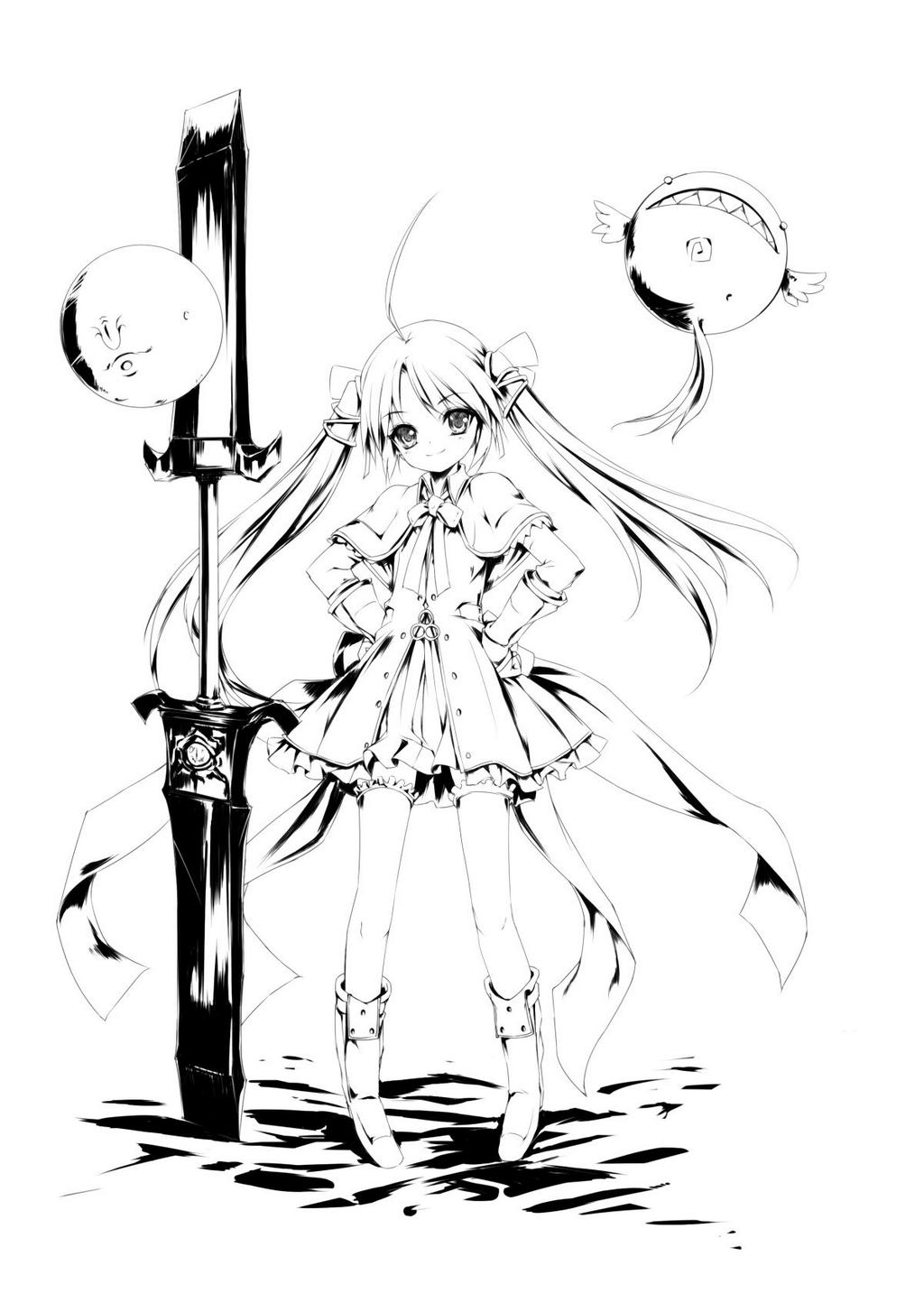 1girl, boots, double-blade, eien_no_aselia, eternity_sword_series, gloves, hair_ribbon, highres, hitomaru, long_hair, oruphaliru_redspirit, ribbon, skirt, twintails
