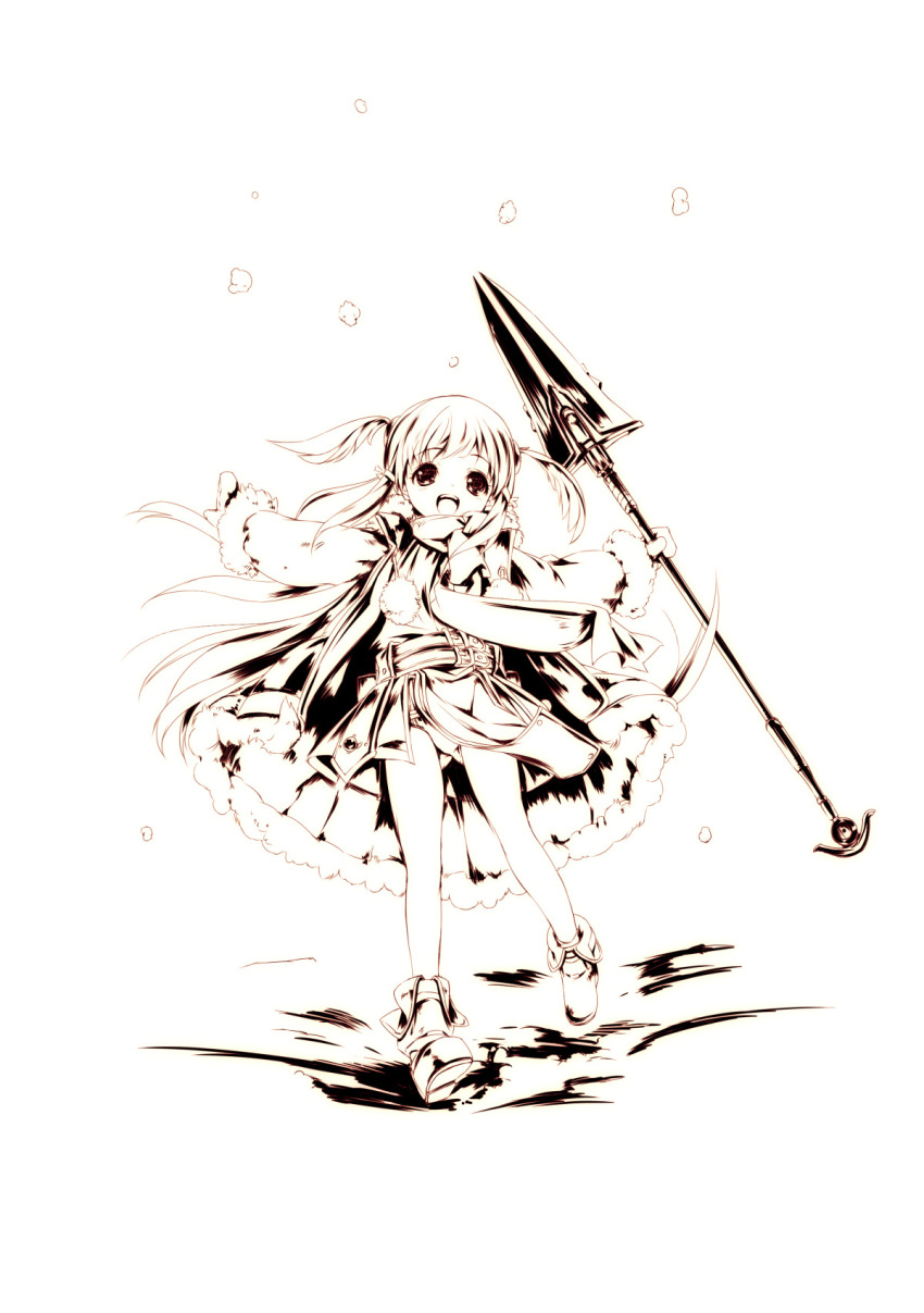 1girl, belt, eien_no_aselia, eternity_sword_series, euphoria_(eternity_sword), gloves, highres, hitomaru, polearm, shoes, skirt, snow, spear, weapon, winter_clothes