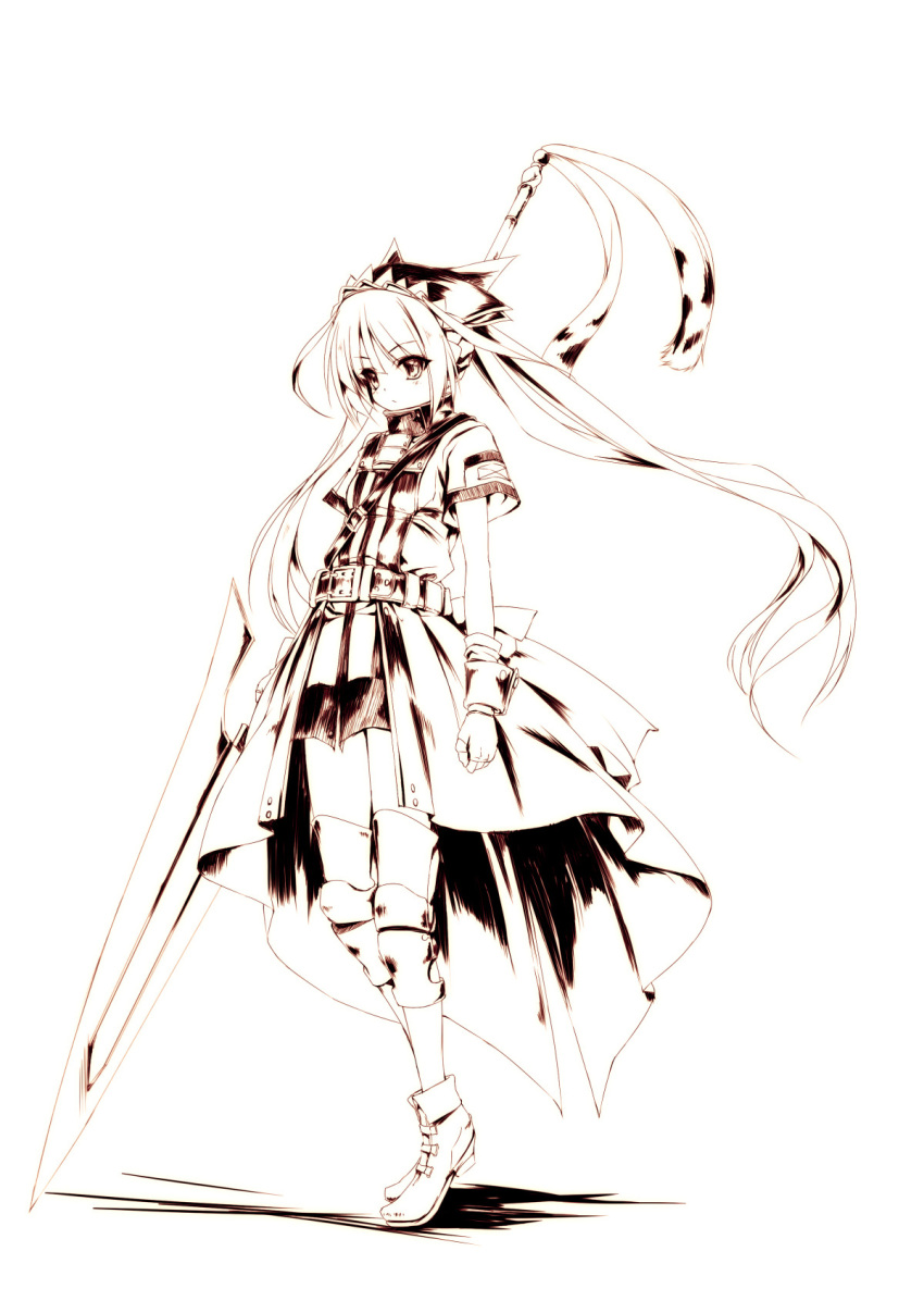 1girl, belt, boots, dress, eien_no_aselia, eternity_sword_series, greyscale, headgear