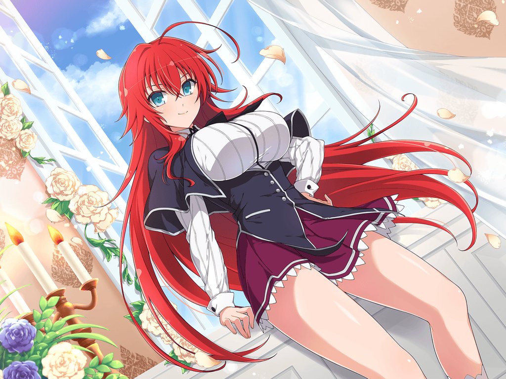1girl, ahoge, bangs, black_capelet, black_neckwear, black_ribbon, blue_eyes, breasts, capelet, corset, crossover, hair_ribbon, hand_on_hip, high_school_dxd, indoors, kuoh_academy_school_uniform, large_breasts, long_hair, looking_at_viewer, petals, redhead, rias_gremory, ribbon, school_uniform, senran_kagura, senran_kagura_new_wave, shirt, sidelocks, skirt, smile, solo, white_shirt, window, yaegashi_nan
