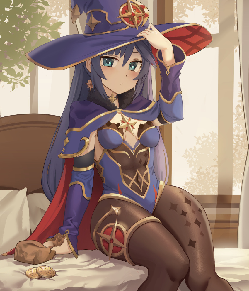 1girl, absurdres, aqua_eyes, bed, bedroom, black_legwear, blue_leotard, bodysuit_under_clothes, breasts, cape, choker, coin, covered_navel, curtains, detached_sleeves, earrings, fur_trim, genshin_impact, goback, hair_ornament, half-closed_eyes, hand_on_headwear, hat, highres, jewelry, leotard, long_hair, long_sleeves, looking_at_viewer, mona_(genshin_impact), money, moneybag, on_bed, pantyhose, purple_hair, sitting, small_breasts, solo, star_(symbol), star_choker, star_earrings, star_hair_ornament, thigh_strap, thighs, window, witch_hat