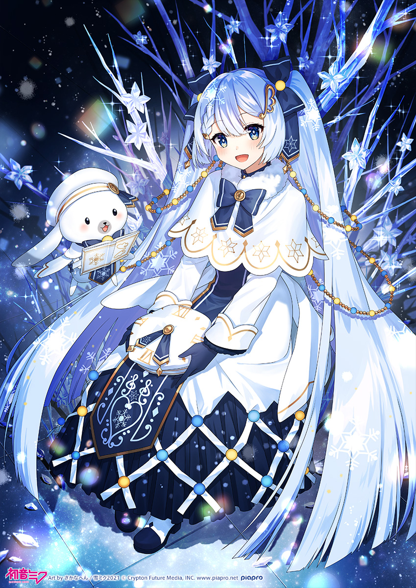 1girl, 1other, bass_clef, beret, blue_bow, blue_gloves, blue_tabard, blurry