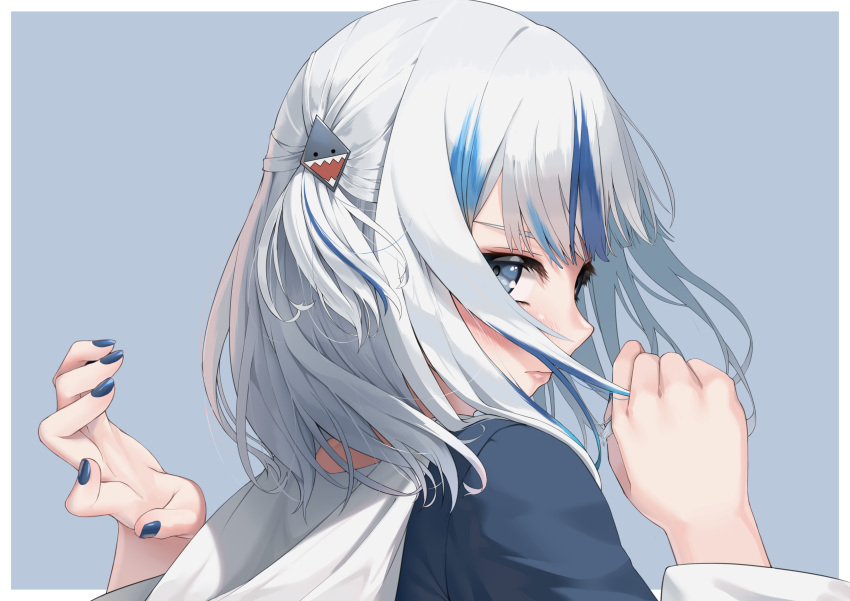 1girl, absurdres, bangs, blue_background, blue_eyes, blue_hair, blue_hoodie, blue_nails